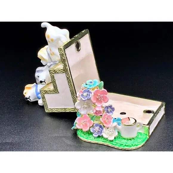 Puppy Dog Trinket Box Enamel Hinged Floral Garden Keepsake Figurine